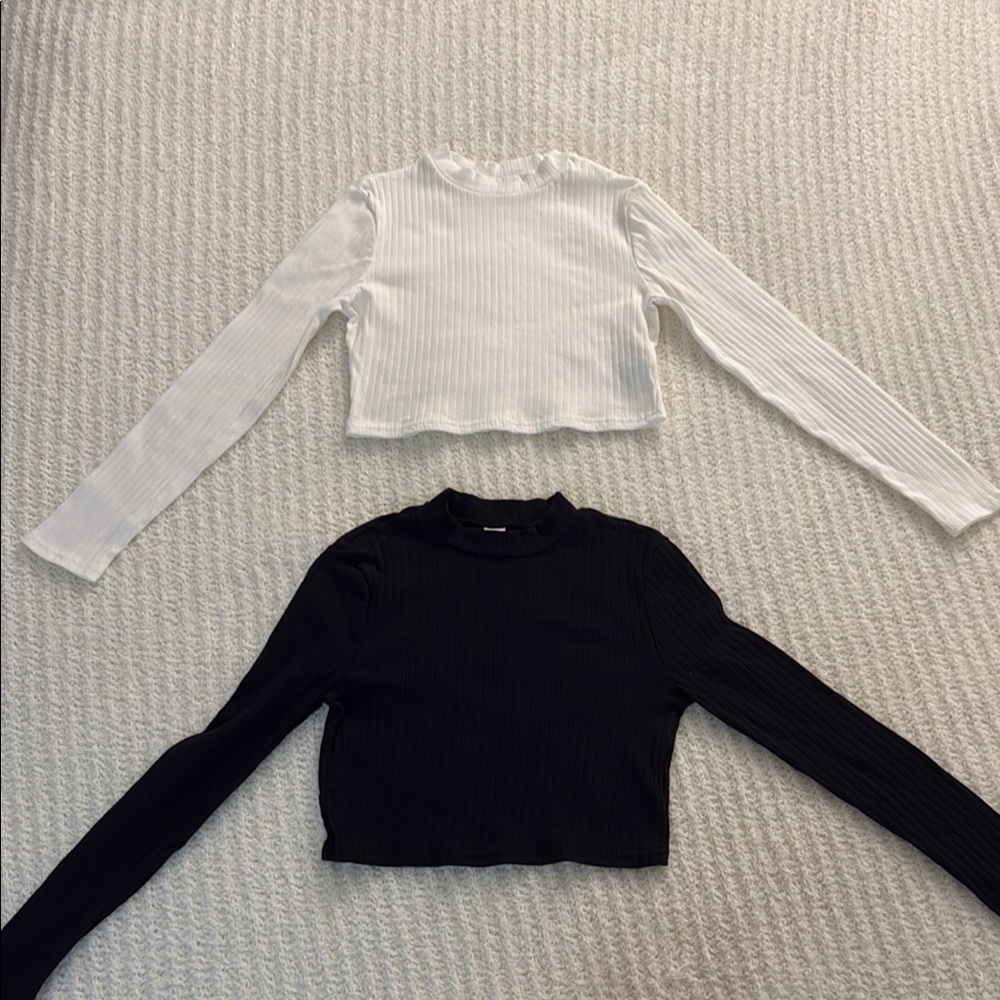 White and Black Ribbed Long Sleeve Crop Tops